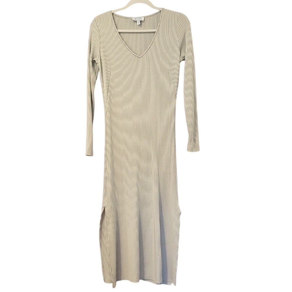 AYR Dress Ribbed V-Neck Long Sleeve Maxi Cream size Small